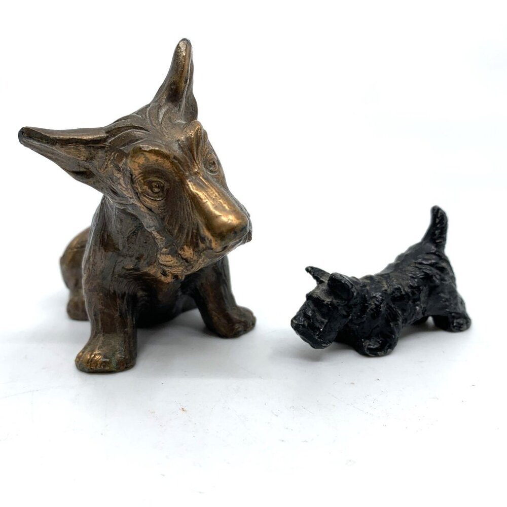 Vintage Cast Metal Scottie Terrier Dog Figurines 2pc Brown Black 2” 1” Tall